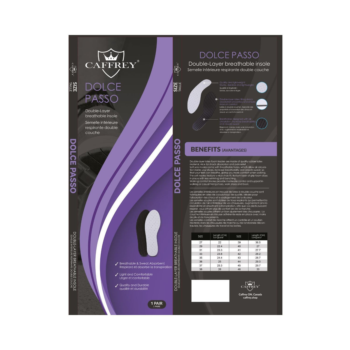Caffrey Dolce Passo double-layer breathable insole packaging, front and back with size guide