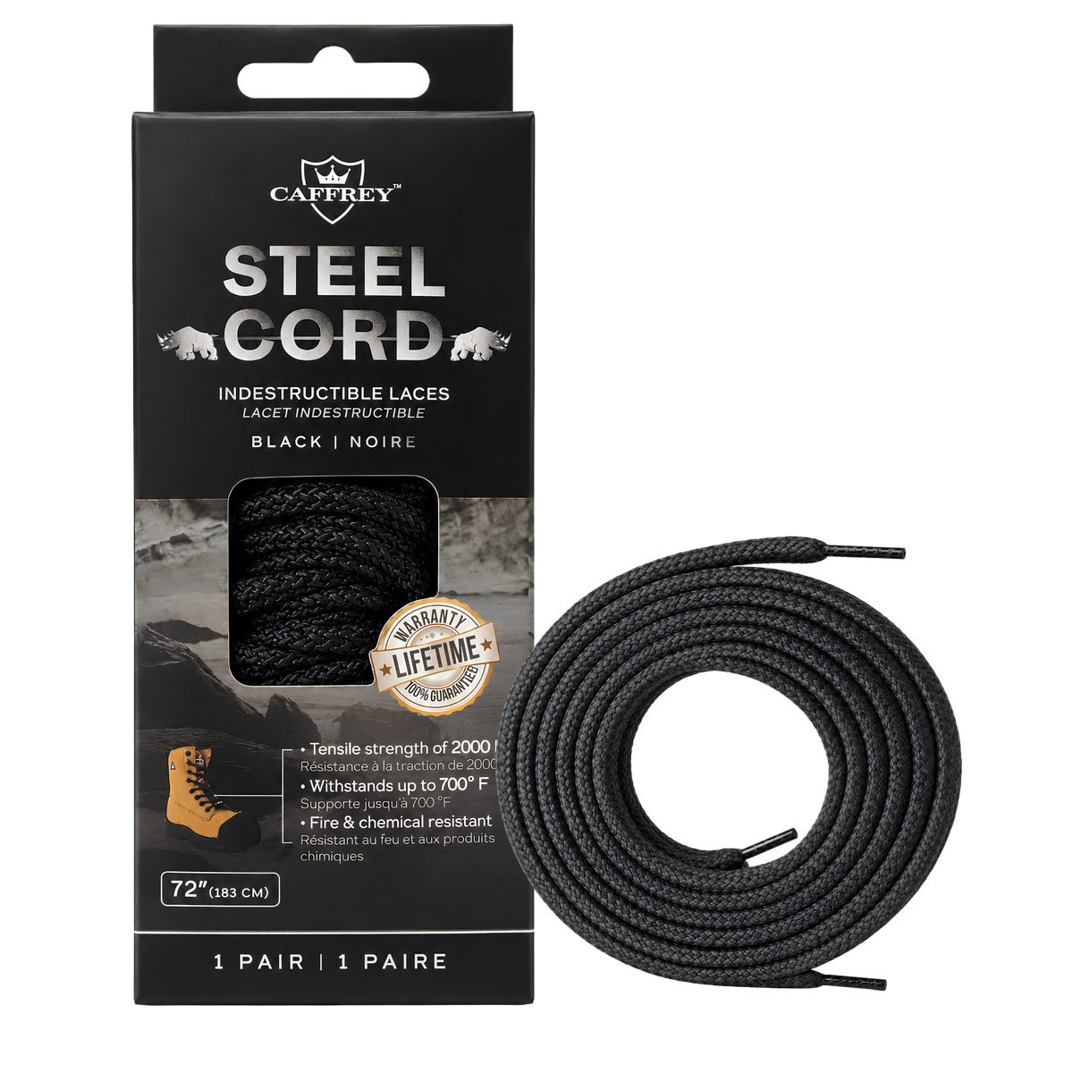 Caffrey Steelcord black boot laces in retail packaging